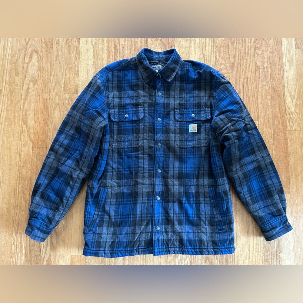 Carhartt Jacket Mens M Blue Hubbard Sherpa Lined Shacket Flannel Heavy Snap